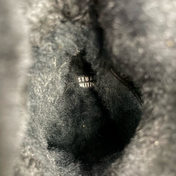 Stuart Weitzman | Arctica 5 Narrow Black Faux Fur Studded Slouchy Pull On Boots - Picture 11 of 12